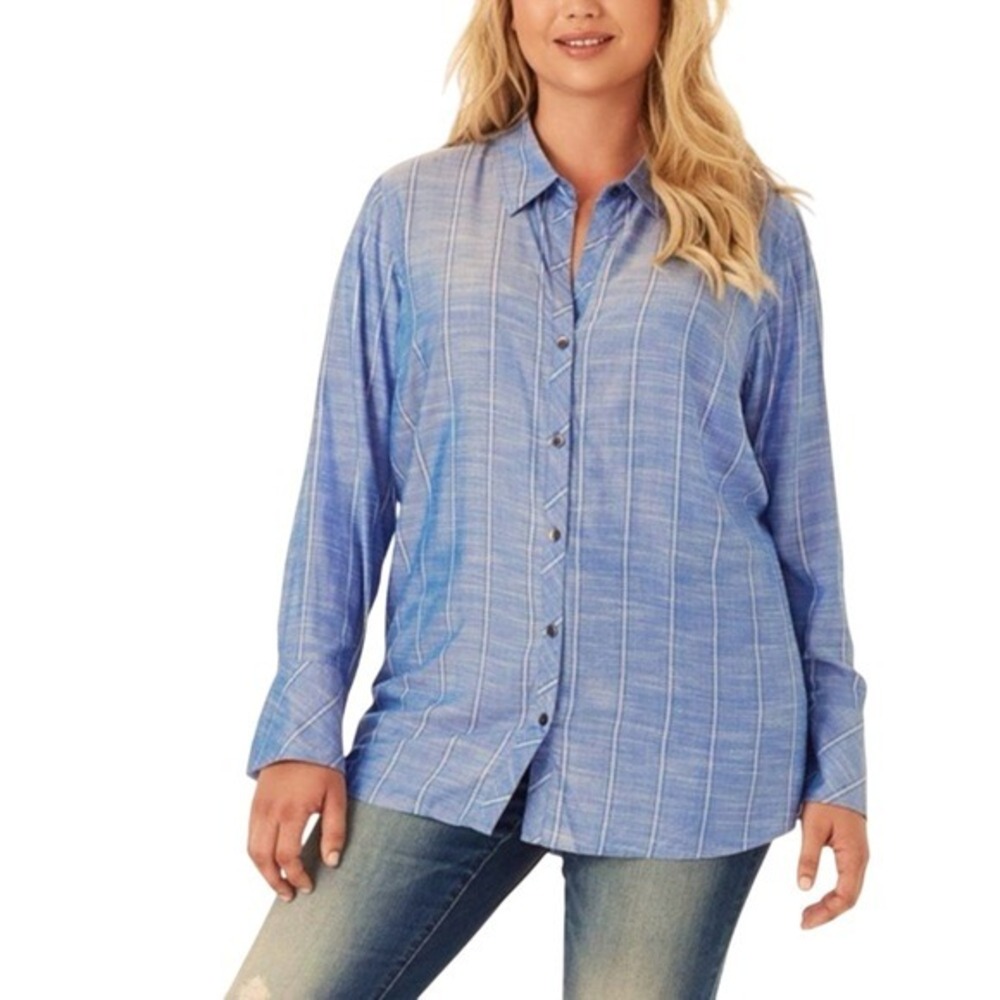 Jessica Simpson Button Up Shirt Clematis‎ Blue Lightweight Smocking Detail SZ 2X